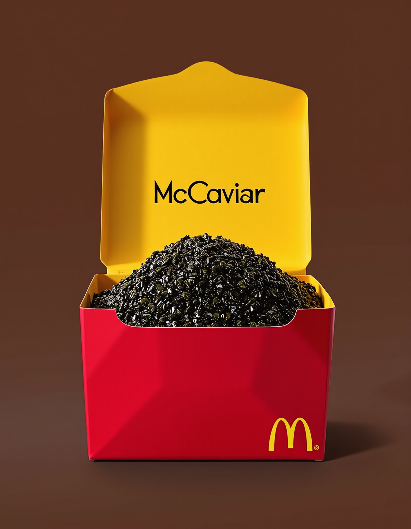 A McDonald’s fast food box filled with a heap of black caviar. The box is red with the iconic golden arches logo at the bottom, and it sits against a brown background. The lid of the box is flipped open, revealing a bright yellow interior with the text “McCaviar” in bold black letters.