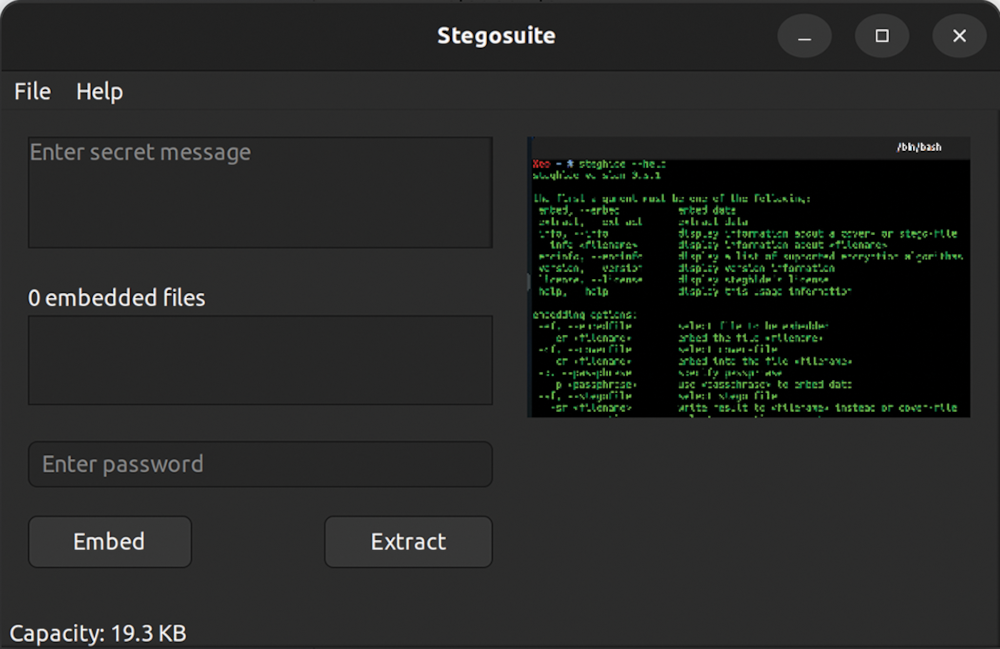 Screenshot: Stegosuite's UI, showing the image with the embedded secret